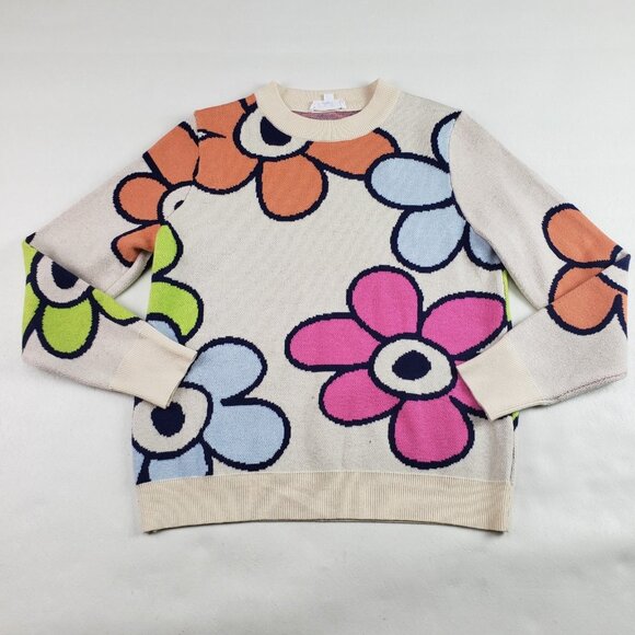 THML Flower Power Retro Sweater Womens Small Cream Colorful Long Sleeve Knit - Picture 1 of 10